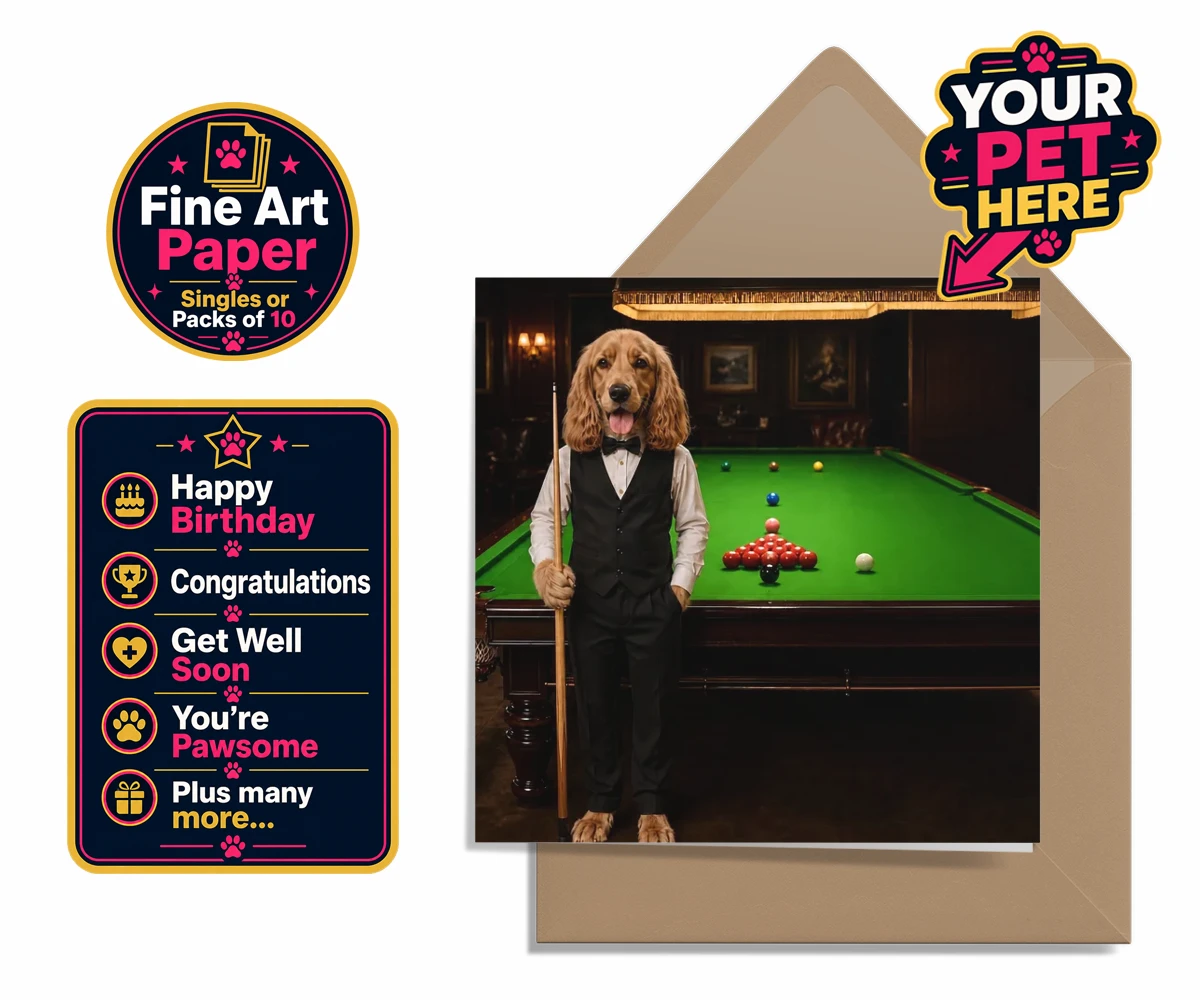 Personalised The Snooker Star dog premium greetings cards featuring meet The Snooker Star, a charming canine character radiating warmth an