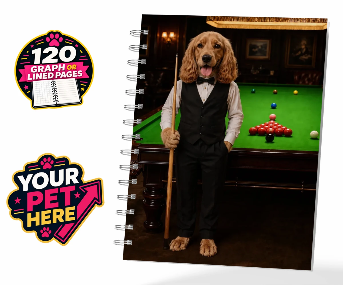 Personalised The Snooker Star dog spiral notebook featuring meet The Snooker Star, a charming canine character radiating warmth an