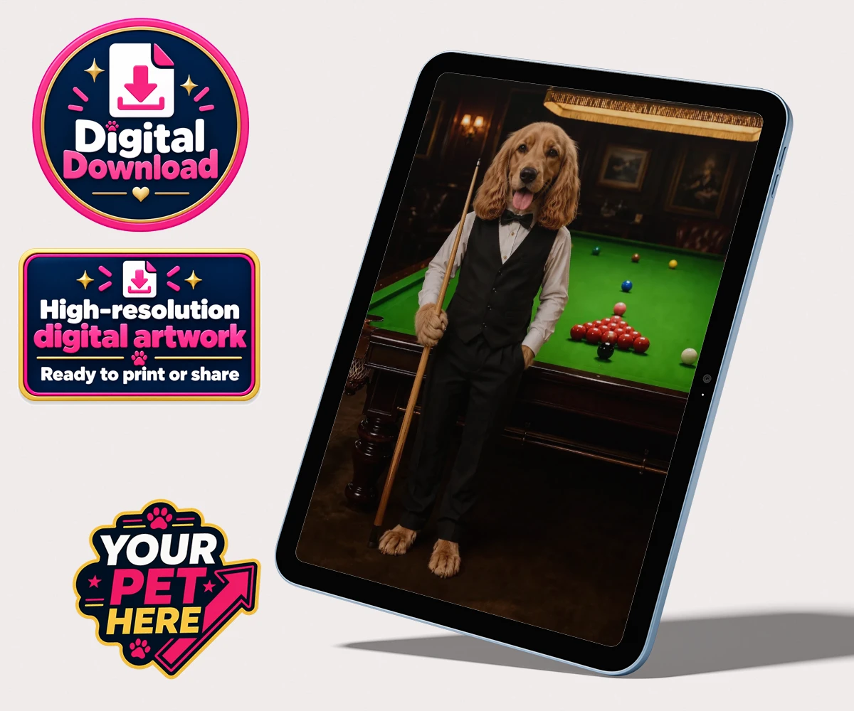 Personalised The Snooker Star dog personalised digital downloads featuring meet The Snooker Star, a charming canine character radiating warmth an