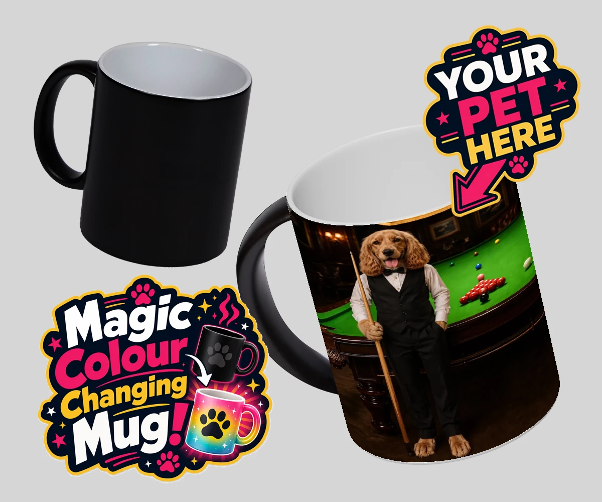 Personalised The Snooker Star dog magic photo mugs featuring meet The Snooker Star, a charming canine character radiating warmth an