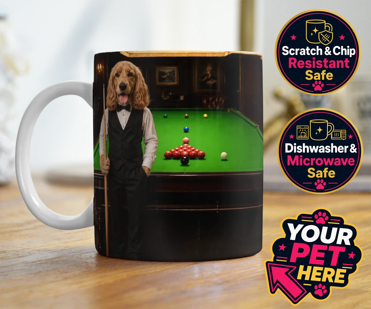Personalised The Snooker Star dog photo mugs featuring meet The Snooker Star, a charming canine character radiating warmth an