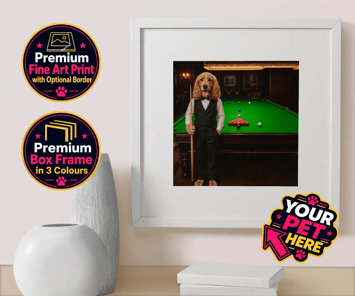 Personalised The Snooker Star dog box framed print featuring meet The Snooker Star, a charming canine character radiating warmth an