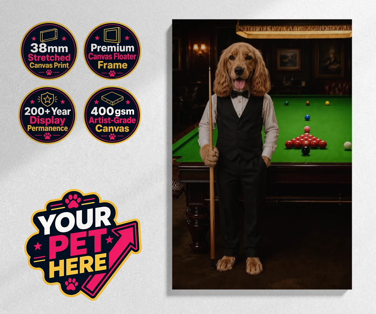 Personalised The Snooker Star dog stretched canvas print featuring meet The Snooker Star, a charming canine character radiating warmth an