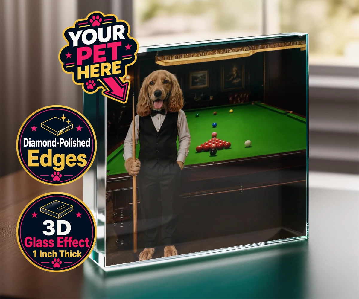 Personalised The Snooker Star dog acrylic prisms featuring meet The Snooker Star, a charming canine character radiating warmth an