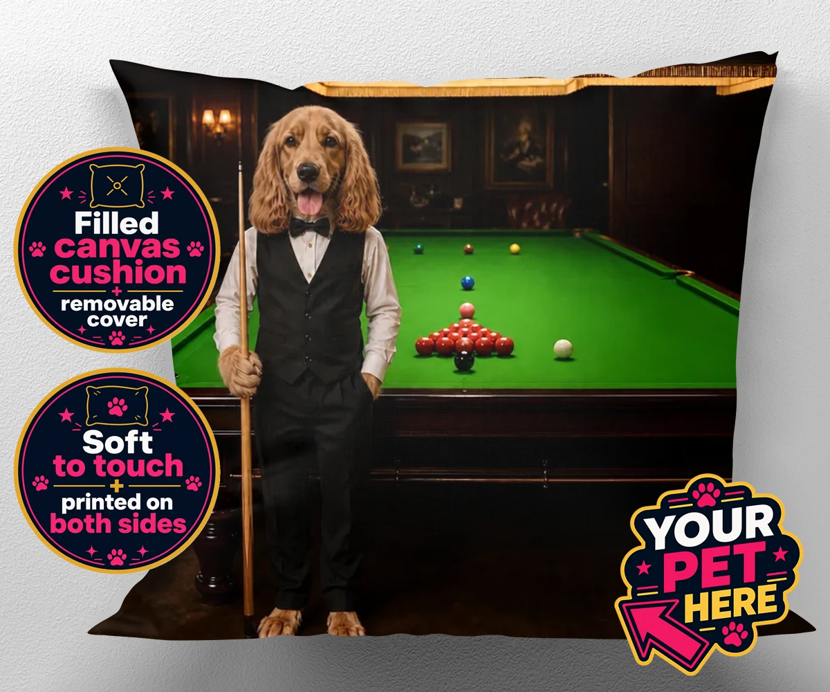 Personalised The Snooker Star dog canvas cushions featuring meet The Snooker Star, a charming canine character radiating warmth an
