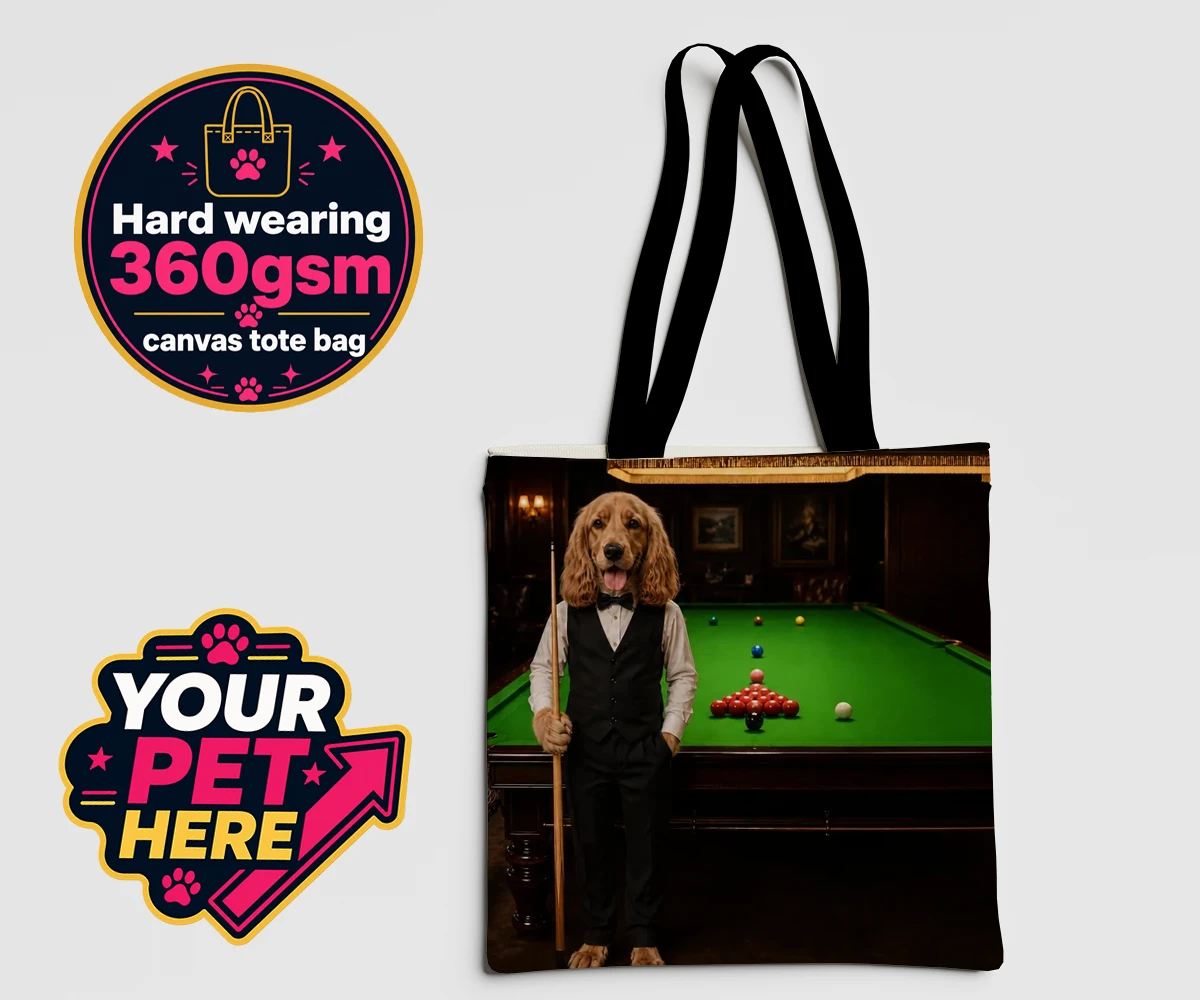 Personalised The Snooker Star dog canvas tote bags featuring meet The Snooker Star, a charming canine character radiating warmth an