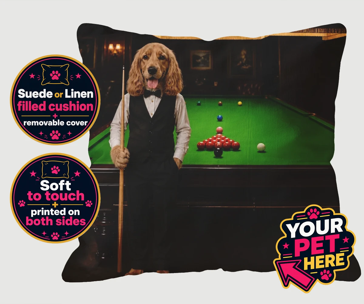 Personalised The Snooker Star dog cushions featuring meet The Snooker Star, a charming canine character radiating warmth an