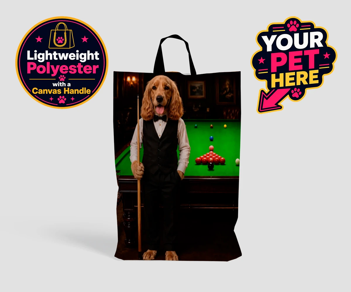 Personalised The Snooker Star dog shopping bags featuring meet The Snooker Star, a charming canine character radiating warmth an
