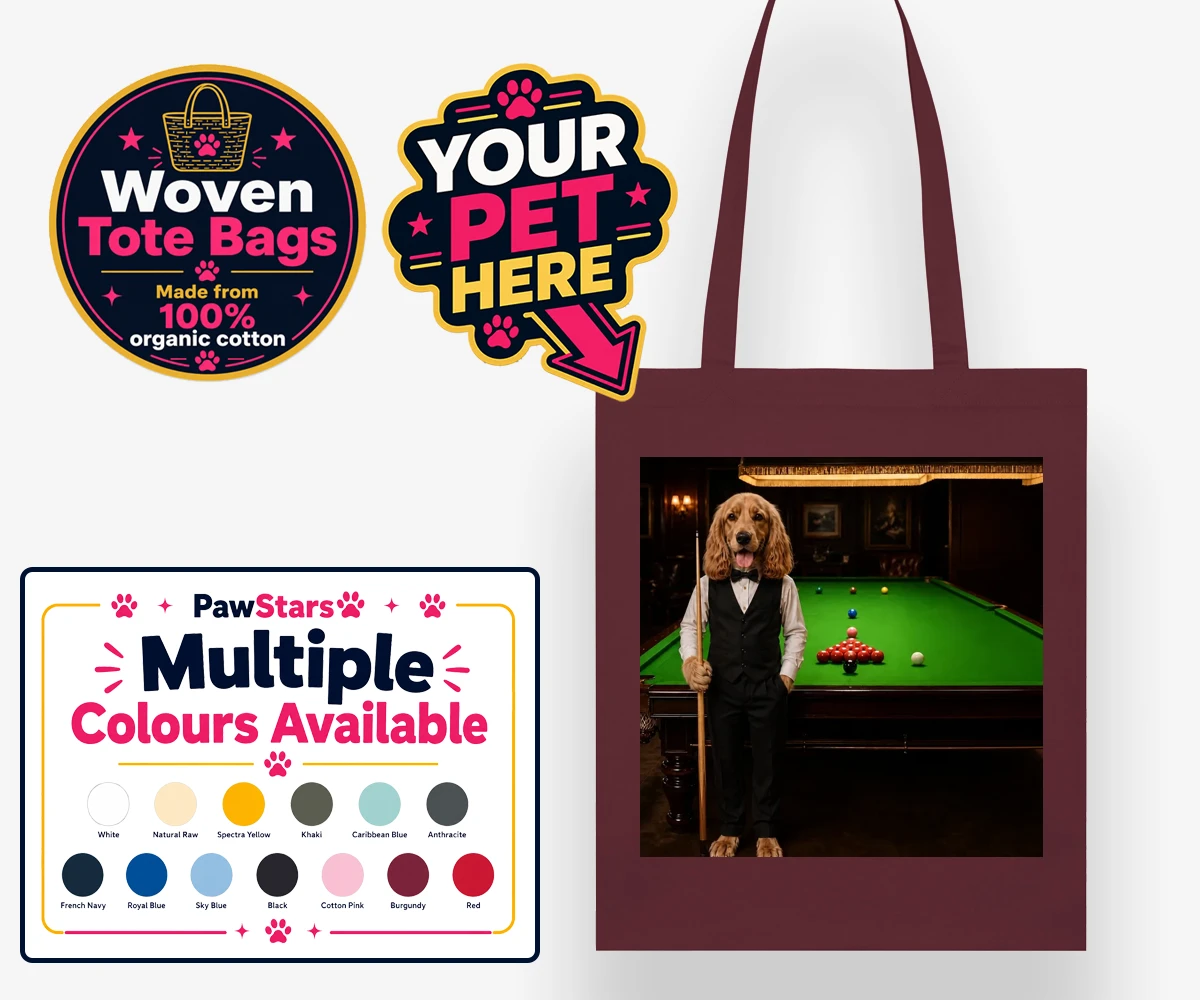 Personalised The Snooker Star dog woven tote bags featuring meet The Snooker Star, a charming canine character radiating warmth an