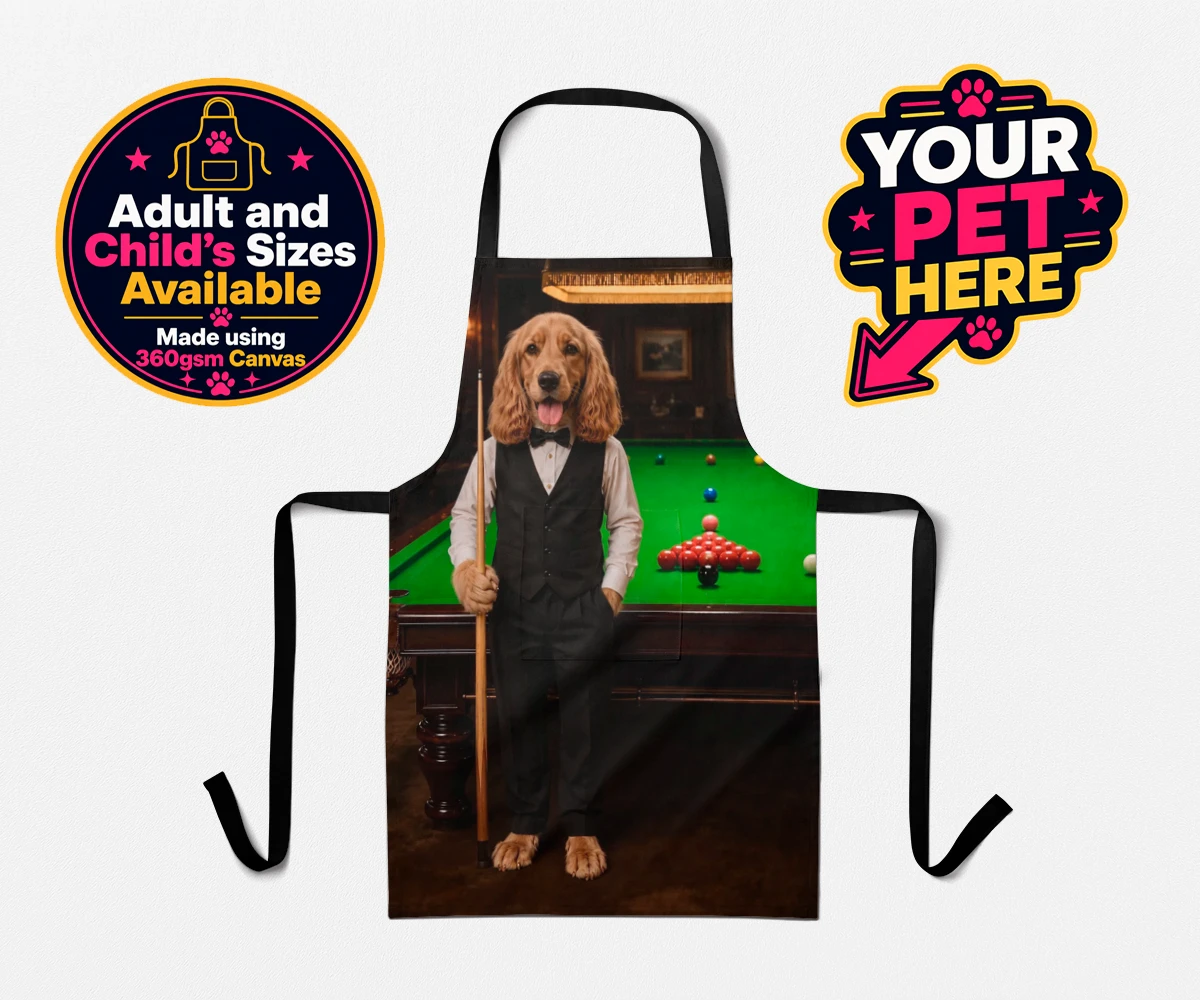 Personalised The Snooker Star dog aprons featuring meet The Snooker Star, a charming canine character radiating warmth an