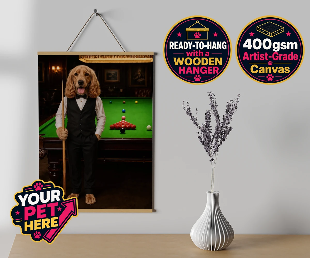 Personalised The Snooker Star dog canvas poster prints with hanger featuring meet The Snooker Star, a charming canine character radiating warmth an
