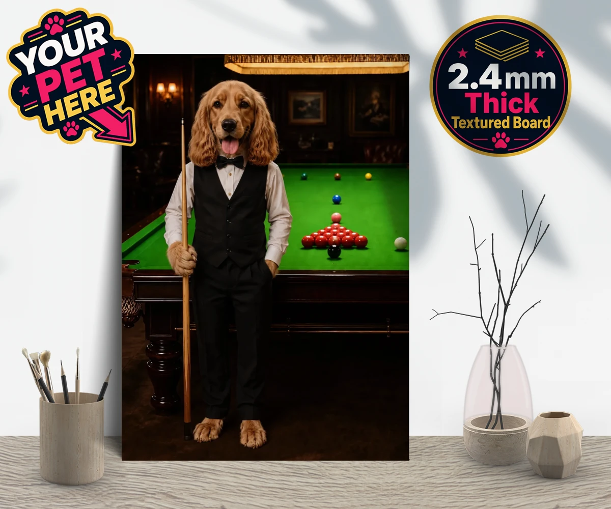 Personalised The Snooker Star dog gallery boards featuring meet The Snooker Star, a charming canine character radiating warmth an