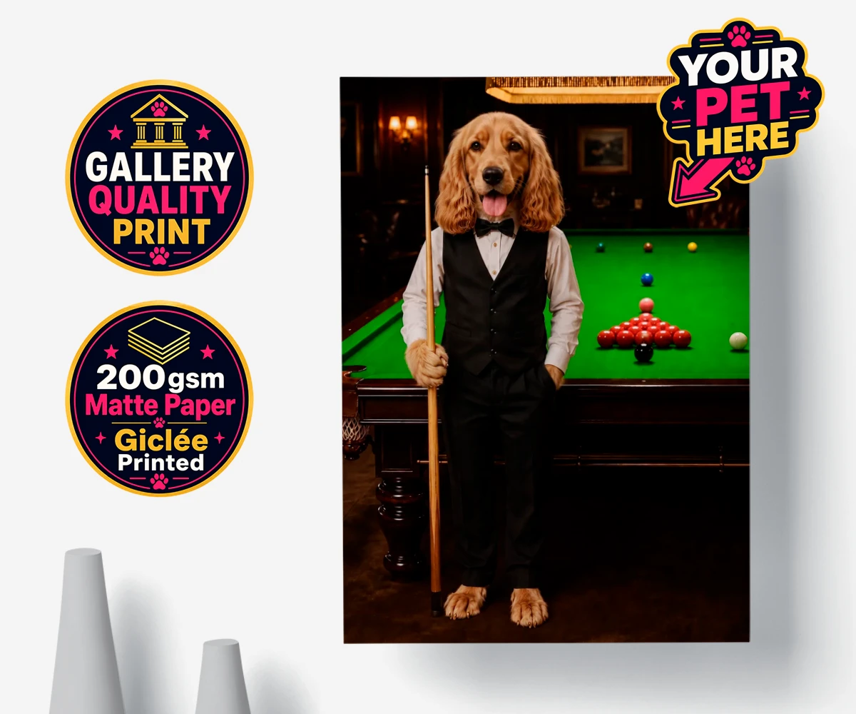 Personalised The Snooker Star dog premium poster print featuring meet The Snooker Star, a charming canine character radiating warmth an