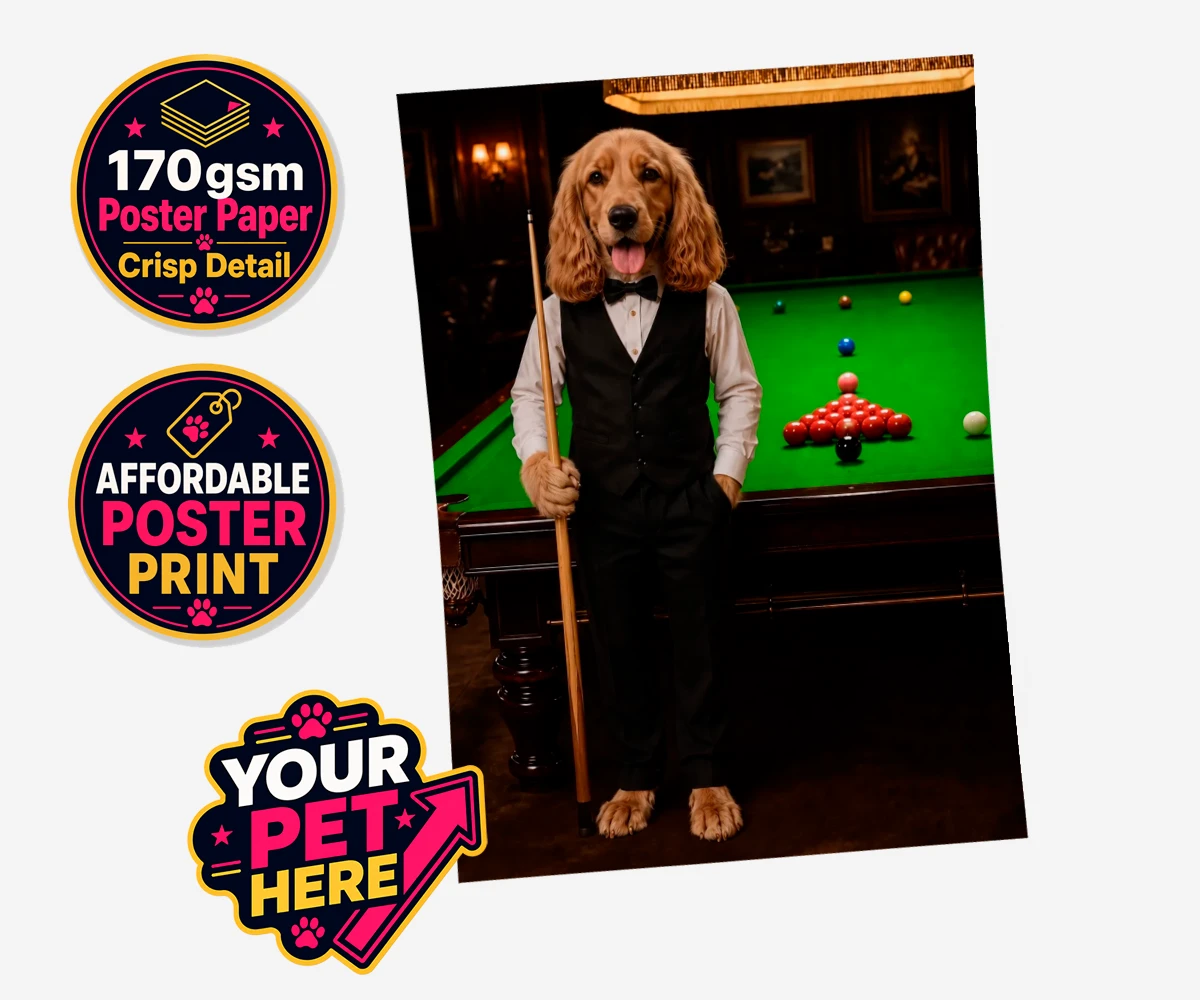 Personalised The Snooker Star dog standard poster print featuring meet The Snooker Star, a charming canine character radiating warmth an