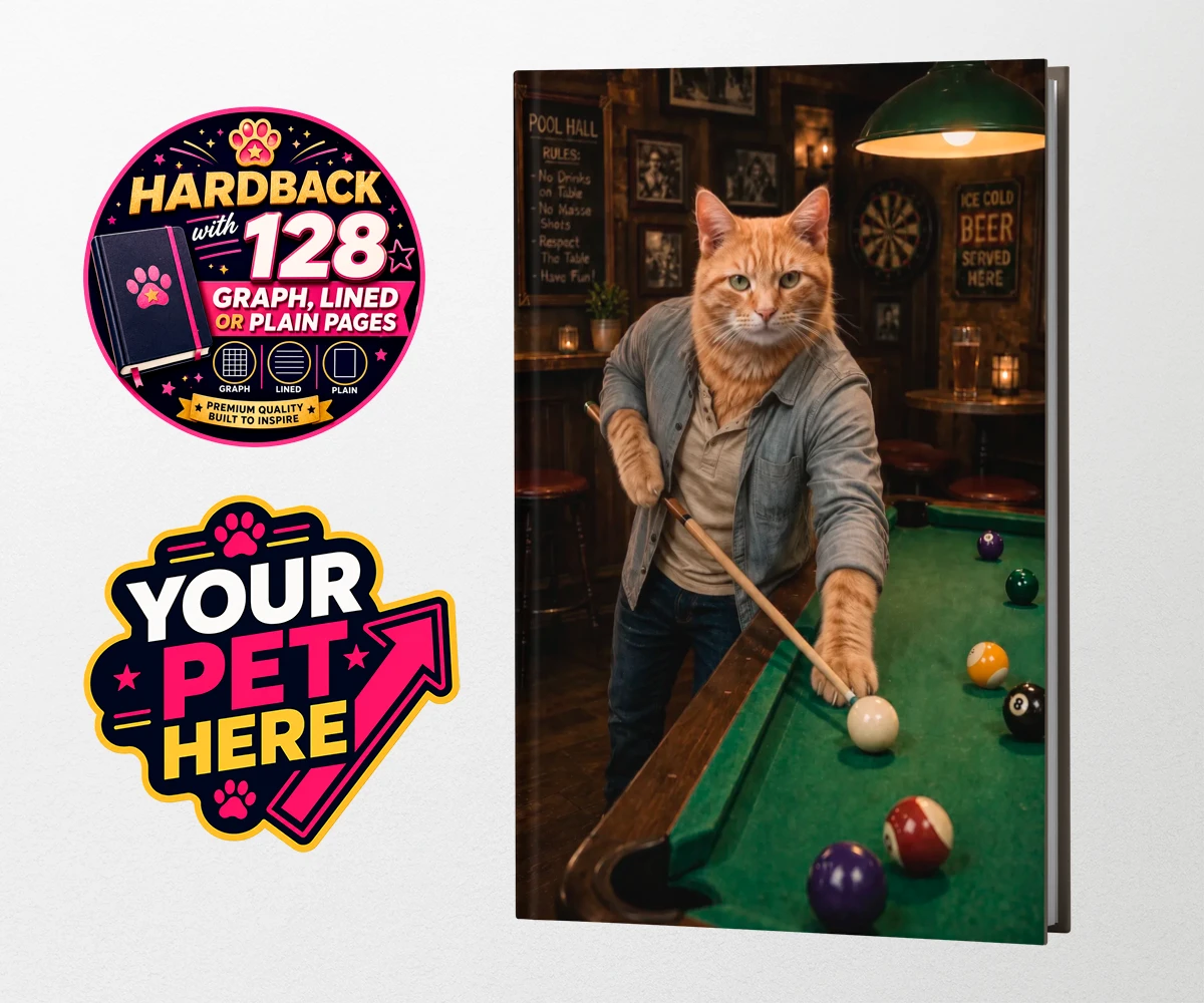 Personalised The Pool Hustler cat hardback notebooks featuring meet The Pool Hustler, a vibrant tribute to your beloved feline's play