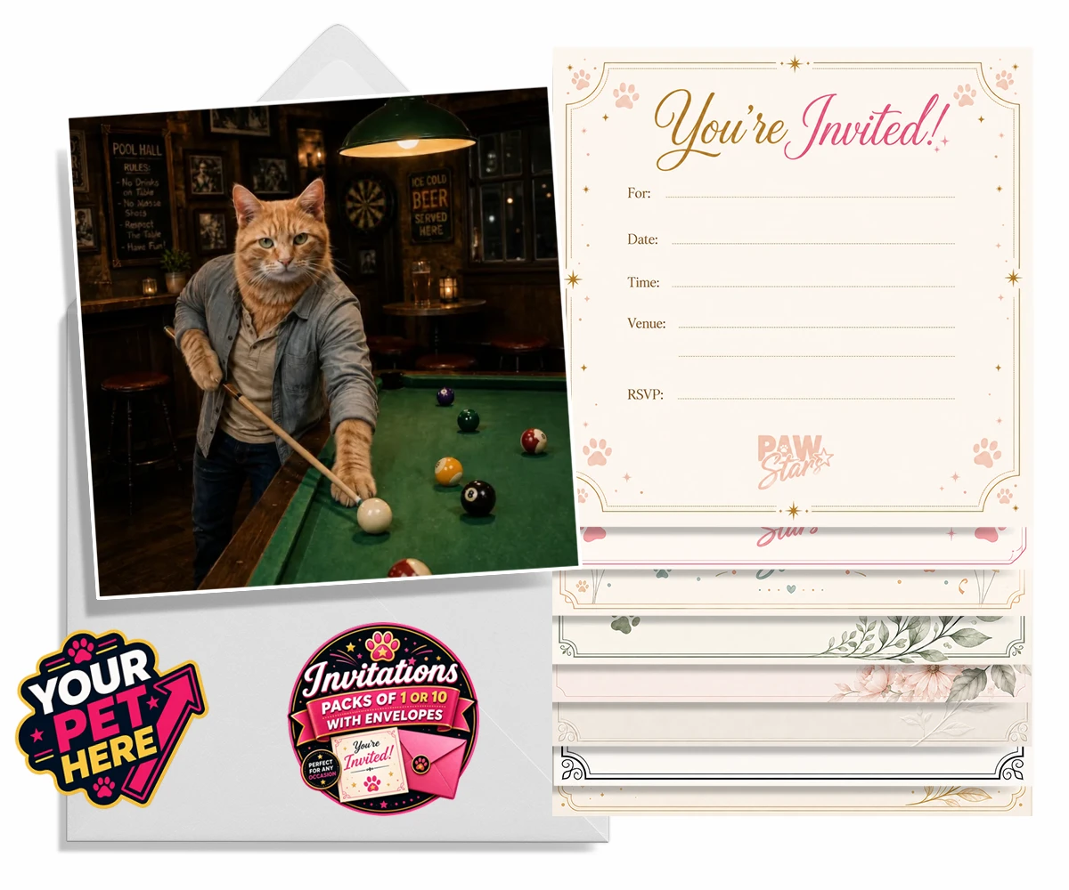 Personalised The Pool Hustler cat invitations featuring meet The Pool Hustler, a vibrant tribute to your beloved feline's play