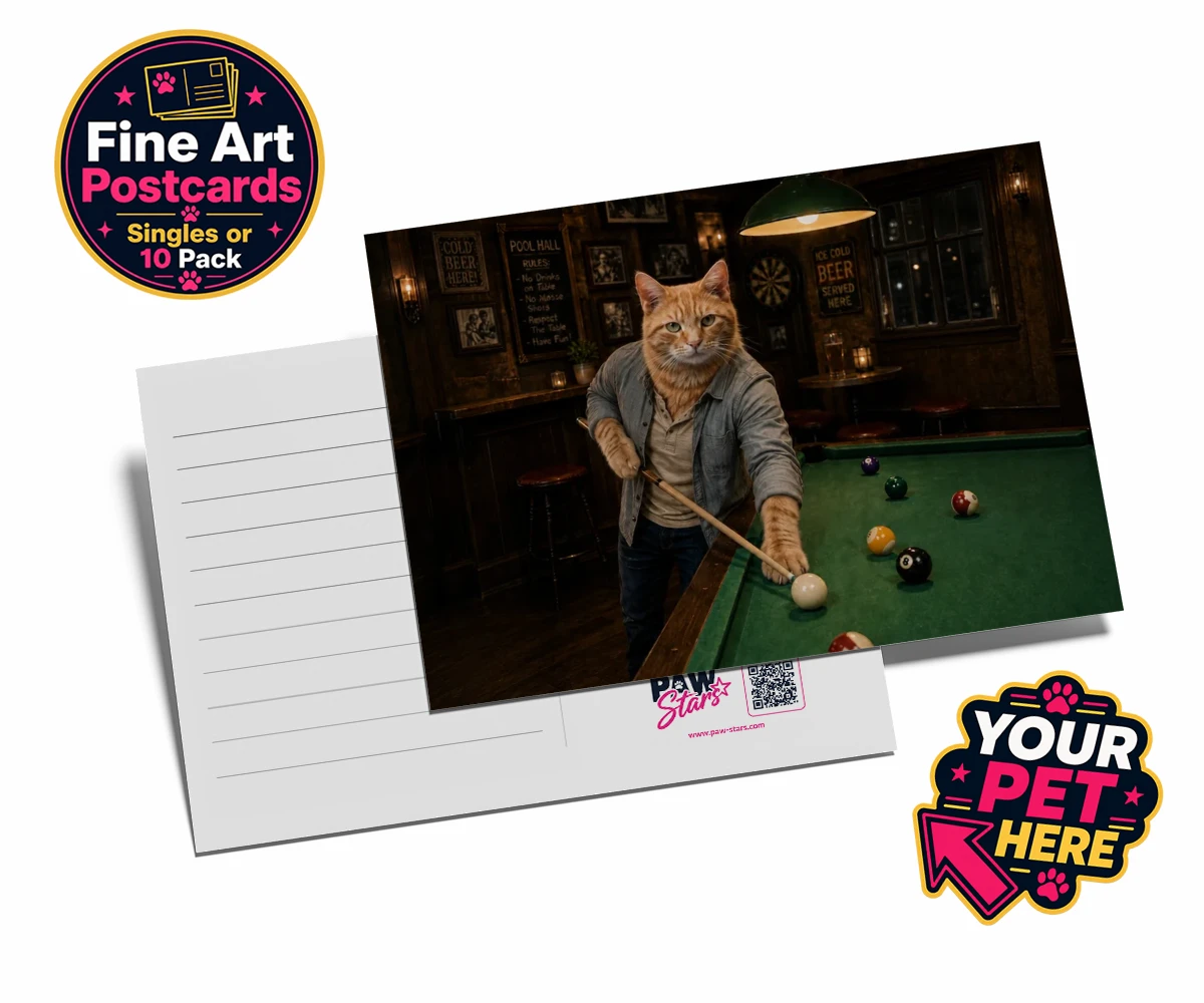 Personalised The Pool Hustler cat postcards featuring meet The Pool Hustler, a vibrant tribute to your beloved feline's play