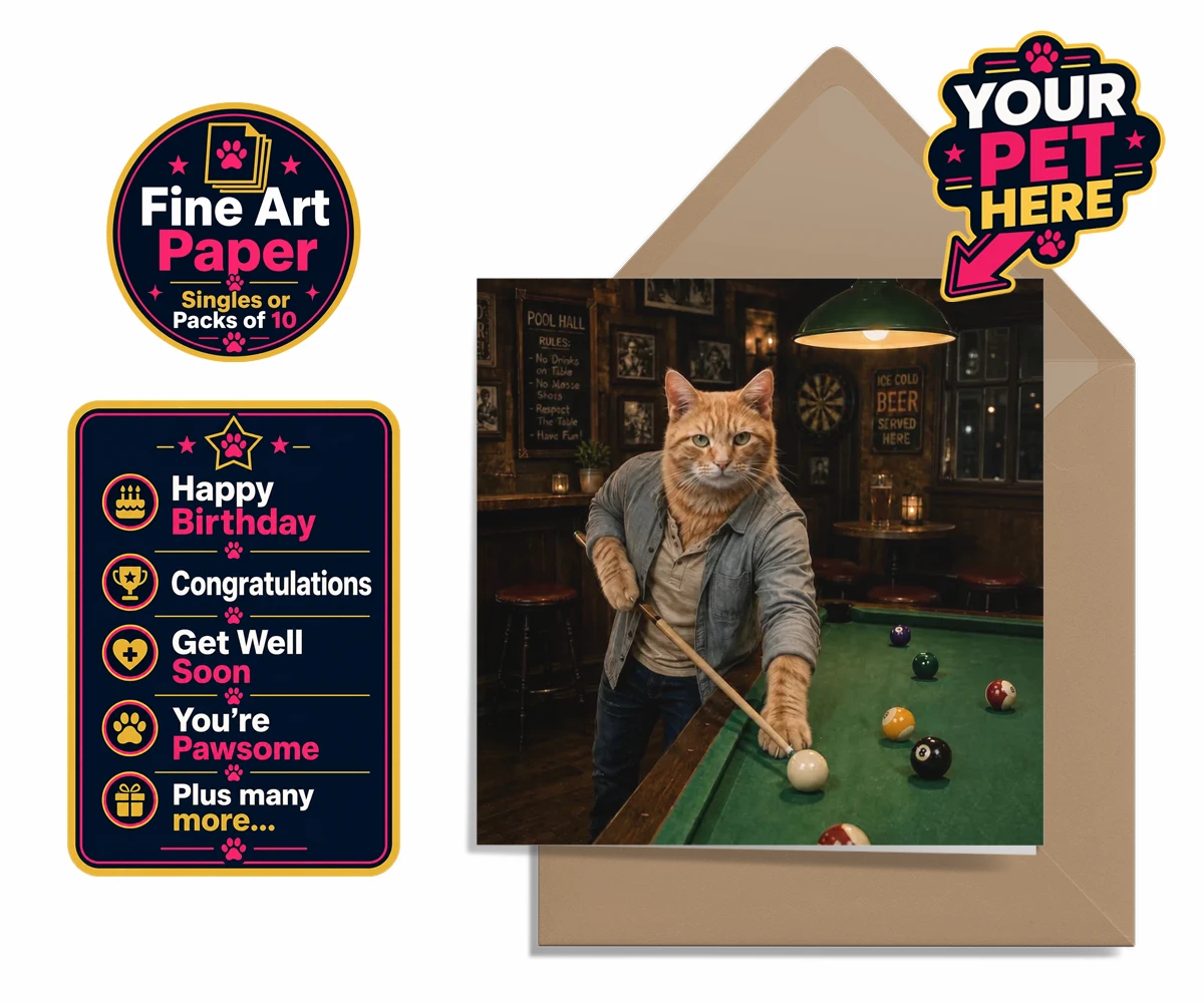 Personalised The Pool Hustler cat premium greetings cards featuring meet The Pool Hustler, a vibrant tribute to your beloved feline's play