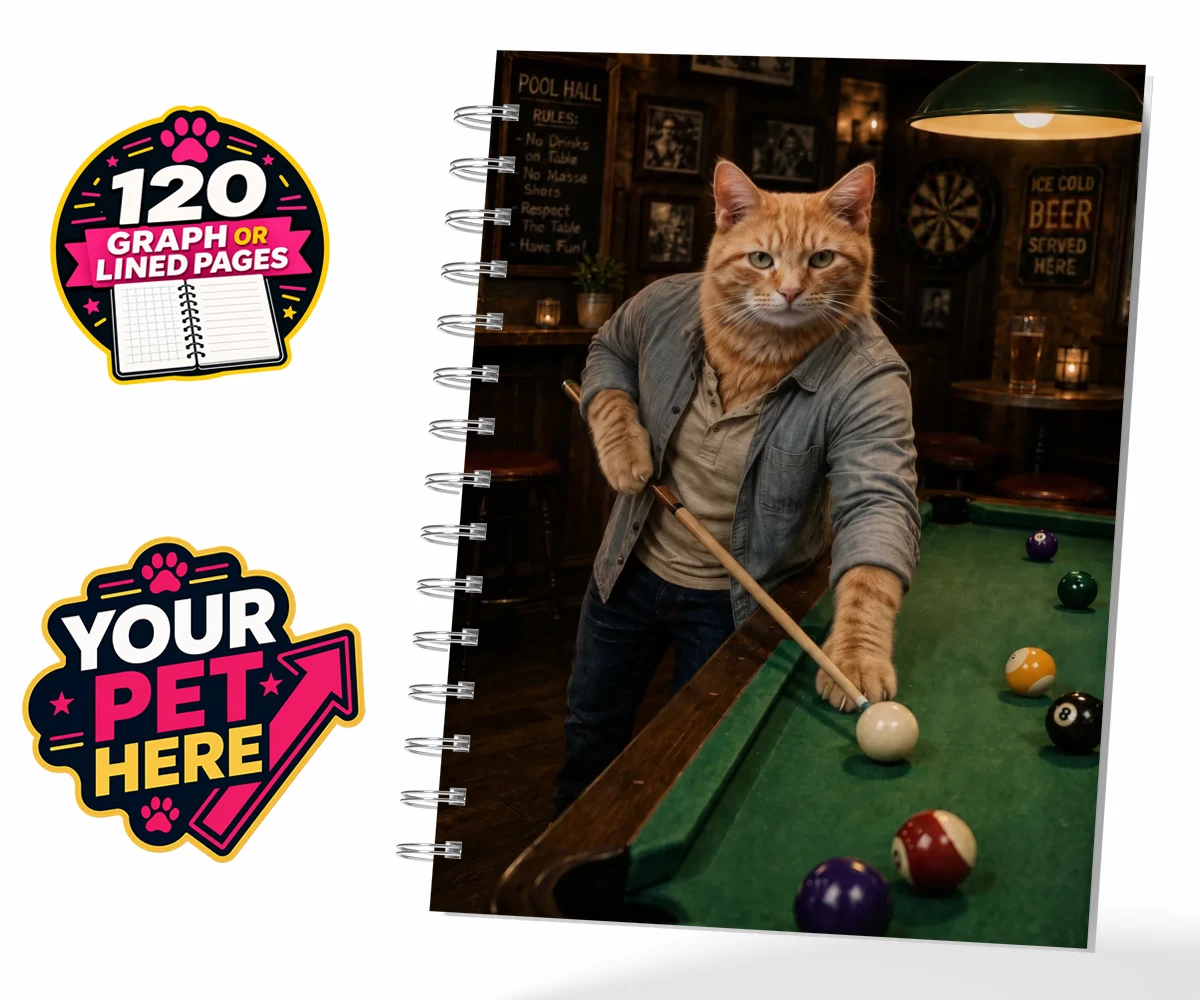 Personalised The Pool Hustler cat spiral notebook featuring meet The Pool Hustler, a vibrant tribute to your beloved feline's play