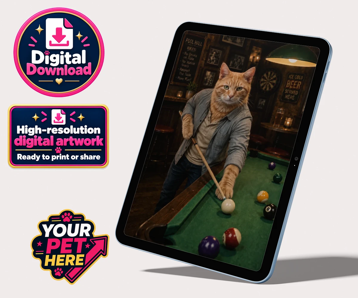 Personalised The Pool Hustler cat personalised digital downloads featuring meet The Pool Hustler, a vibrant tribute to your beloved feline's play