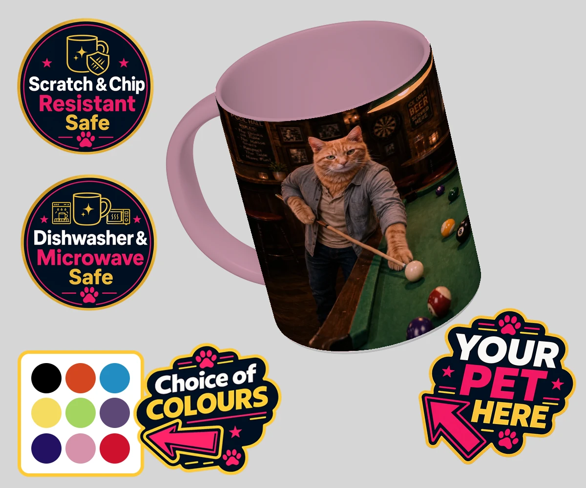 Personalised The Pool Hustler cat coloured photo mugs featuring meet The Pool Hustler, a vibrant tribute to your beloved feline's play