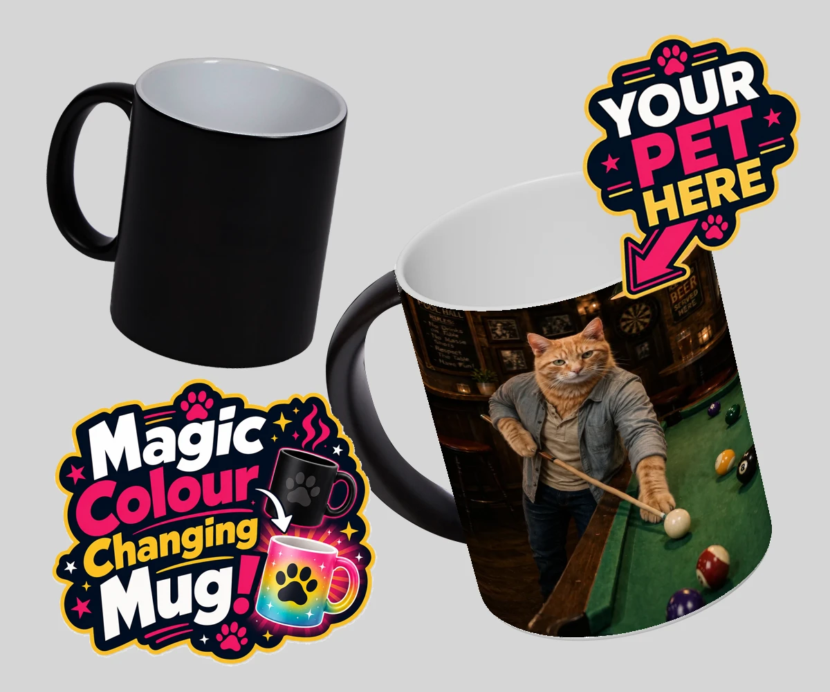 Personalised The Pool Hustler cat magic photo mugs featuring meet The Pool Hustler, a vibrant tribute to your beloved feline's play