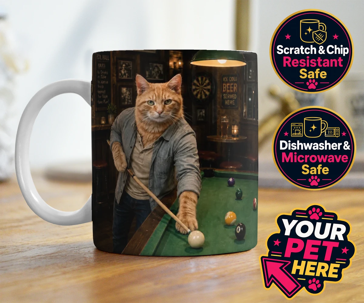 Personalised The Pool Hustler cat photo mugs featuring meet The Pool Hustler, a vibrant tribute to your beloved feline's play