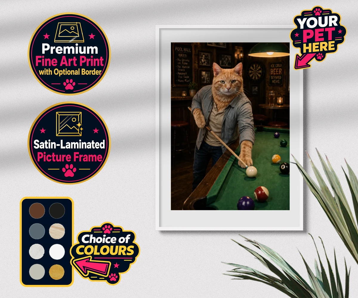 Personalised The Pool Hustler cat premium framed print featuring meet The Pool Hustler, a vibrant tribute to your beloved feline's play