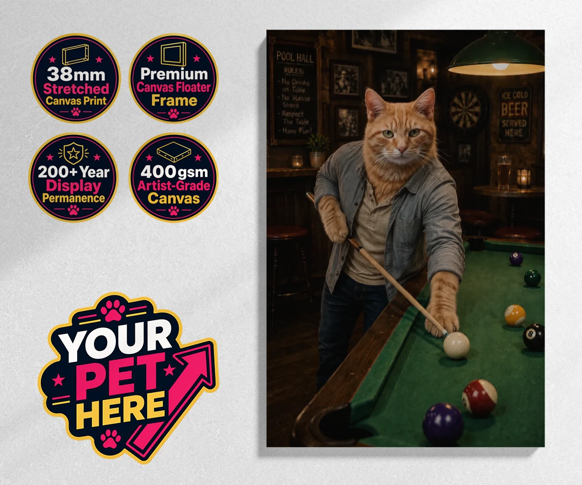 Personalised The Pool Hustler cat stretched canvas print featuring meet The Pool Hustler, a vibrant tribute to your beloved feline's play