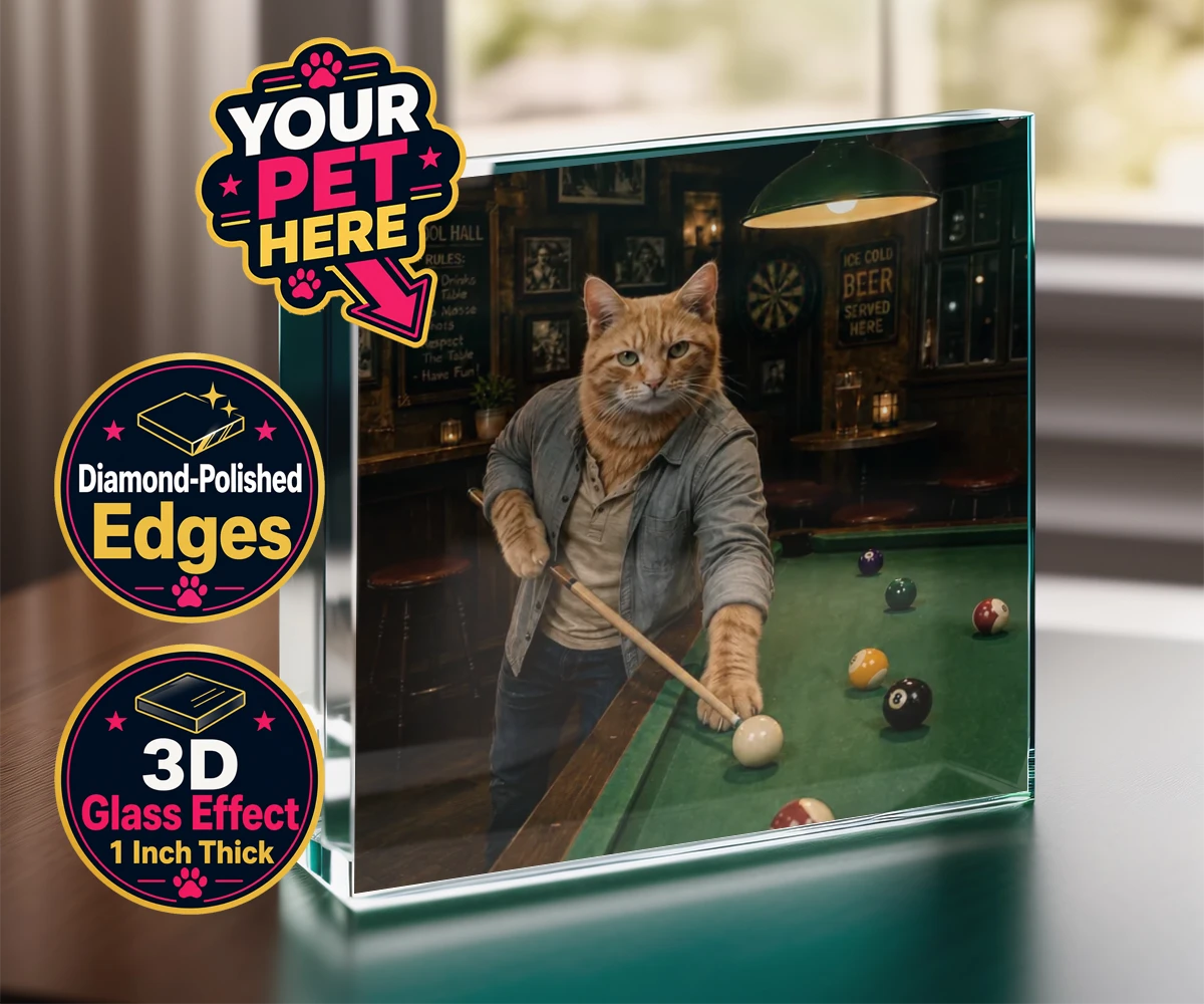 Personalised The Pool Hustler cat acrylic prisms featuring meet The Pool Hustler, a vibrant tribute to your beloved feline's play