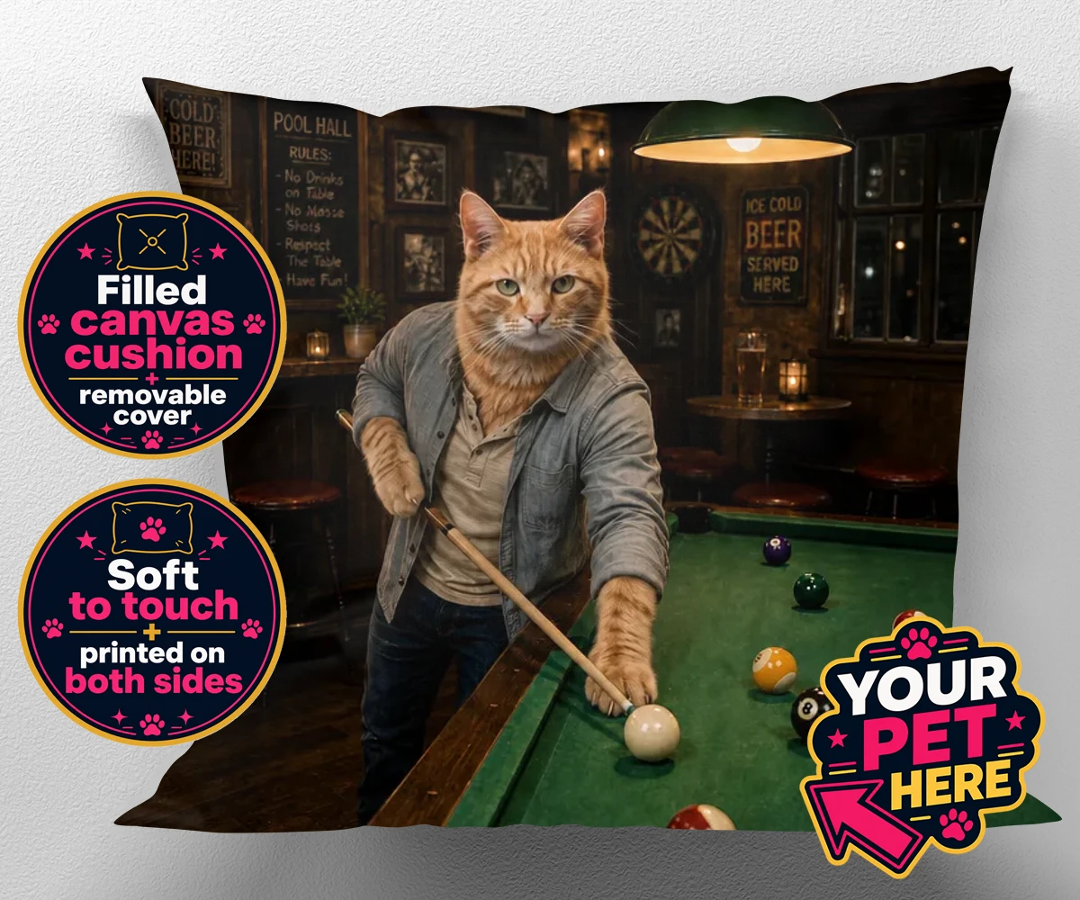 Personalised The Pool Hustler cat canvas cushions featuring meet The Pool Hustler, a vibrant tribute to your beloved feline's play