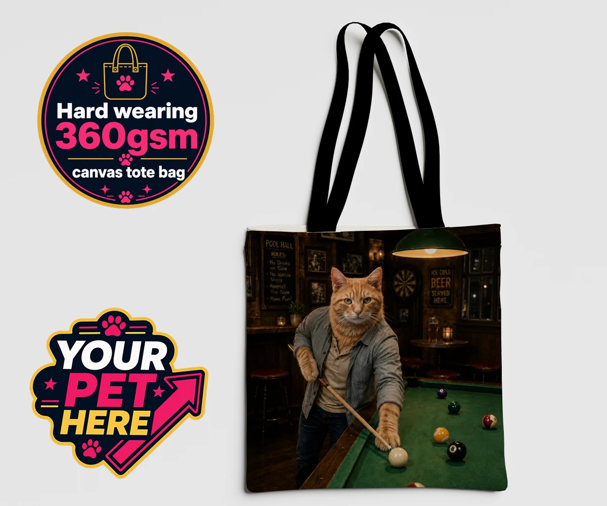 Personalised The Pool Hustler cat canvas tote bags featuring meet The Pool Hustler, a vibrant tribute to your beloved feline's play