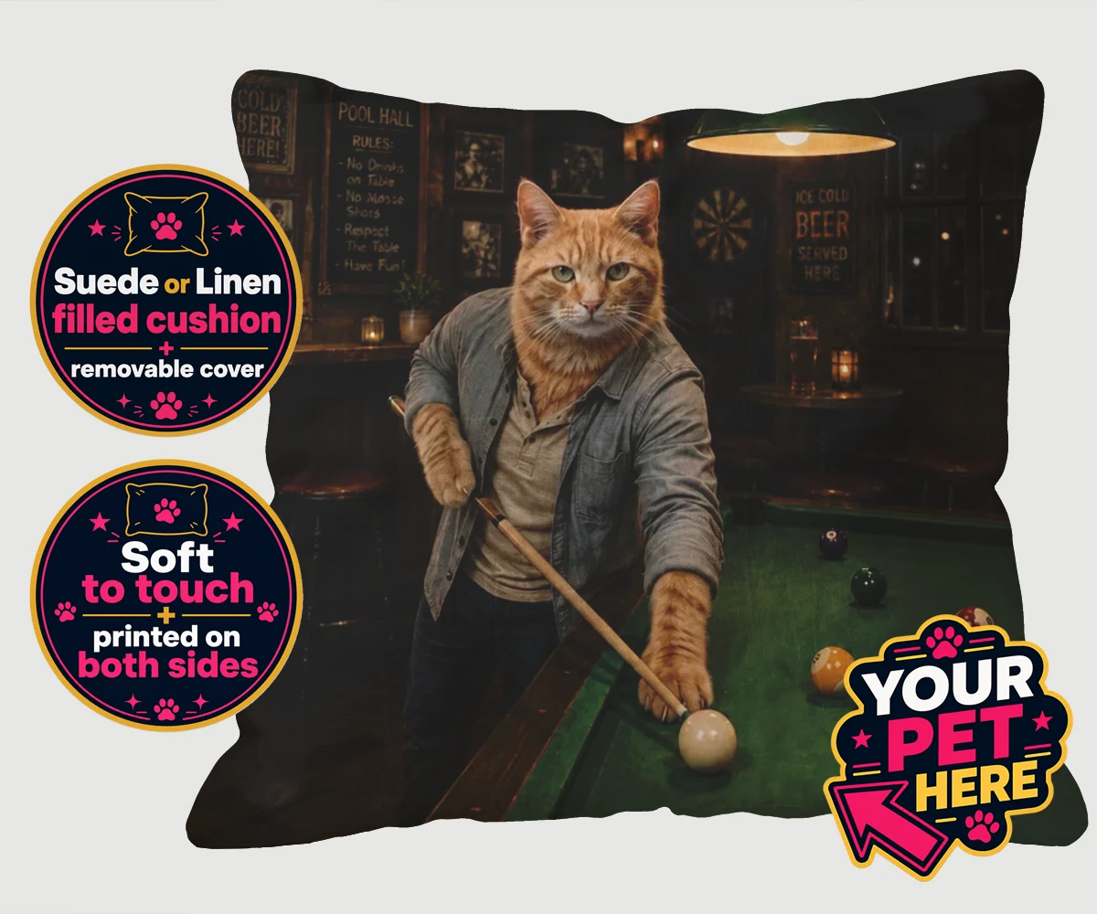 Personalised The Pool Hustler cat cushions featuring meet The Pool Hustler, a vibrant tribute to your beloved feline's play