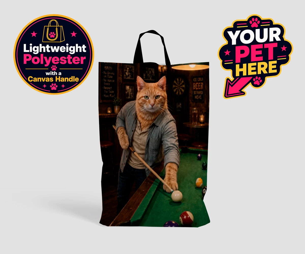 Personalised The Pool Hustler cat shopping bags featuring meet The Pool Hustler, a vibrant tribute to your beloved feline's play