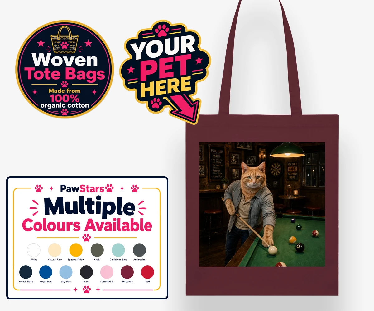 Personalised The Pool Hustler cat woven tote bags featuring meet The Pool Hustler, a vibrant tribute to your beloved feline's play