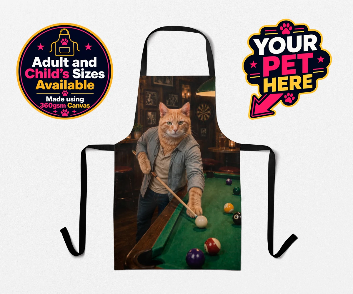 Personalised The Pool Hustler cat aprons featuring meet The Pool Hustler, a vibrant tribute to your beloved feline's play