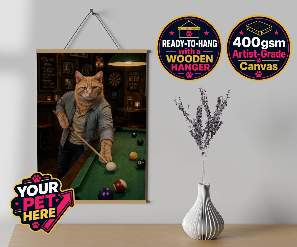 Personalised The Pool Hustler cat canvas poster prints with hanger featuring meet The Pool Hustler, a vibrant tribute to your beloved feline's play