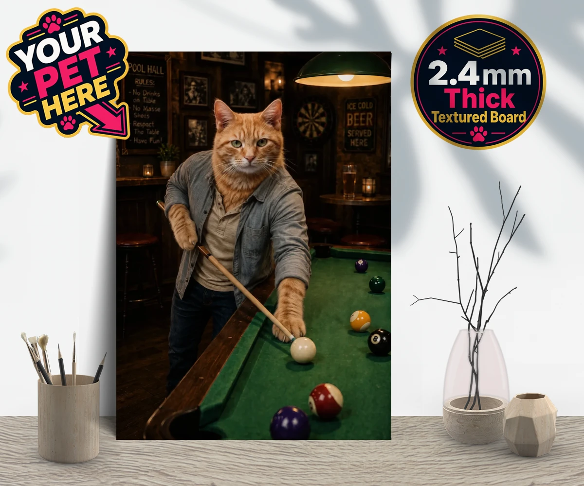 Personalised The Pool Hustler cat gallery boards featuring meet The Pool Hustler, a vibrant tribute to your beloved feline's play