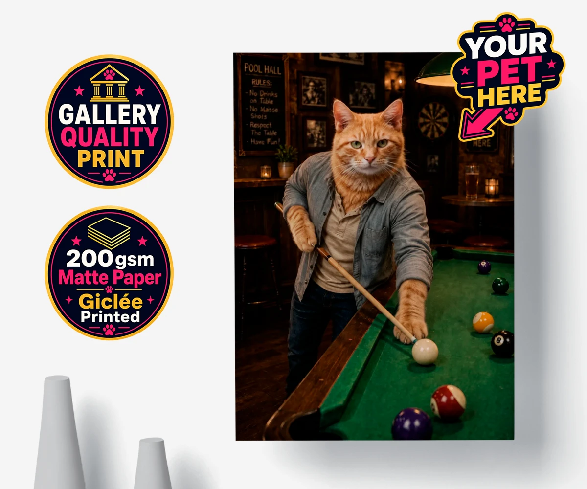 Personalised The Pool Hustler cat premium poster print featuring meet The Pool Hustler, a vibrant tribute to your beloved feline's play