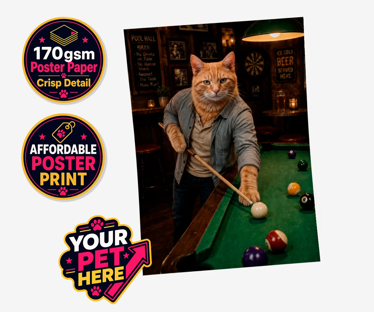 Personalised The Pool Hustler cat standard poster print featuring meet The Pool Hustler, a vibrant tribute to your beloved feline's play