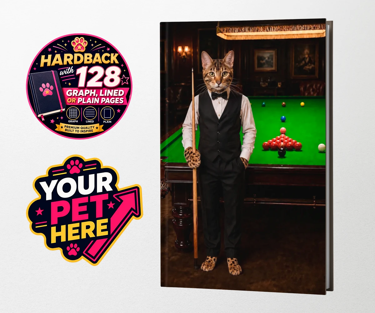 Personalised The Snooker Star cat hardback notebooks featuring a delightful cat portrait that captures the spirit of your furry frien