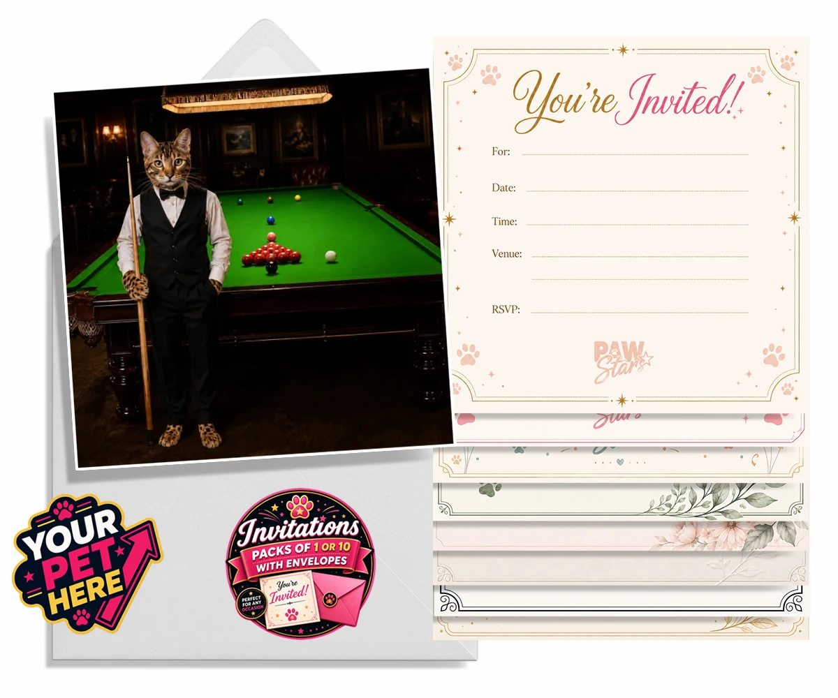Personalised The Snooker Star cat invitations featuring a delightful cat portrait that captures the spirit of your furry frien