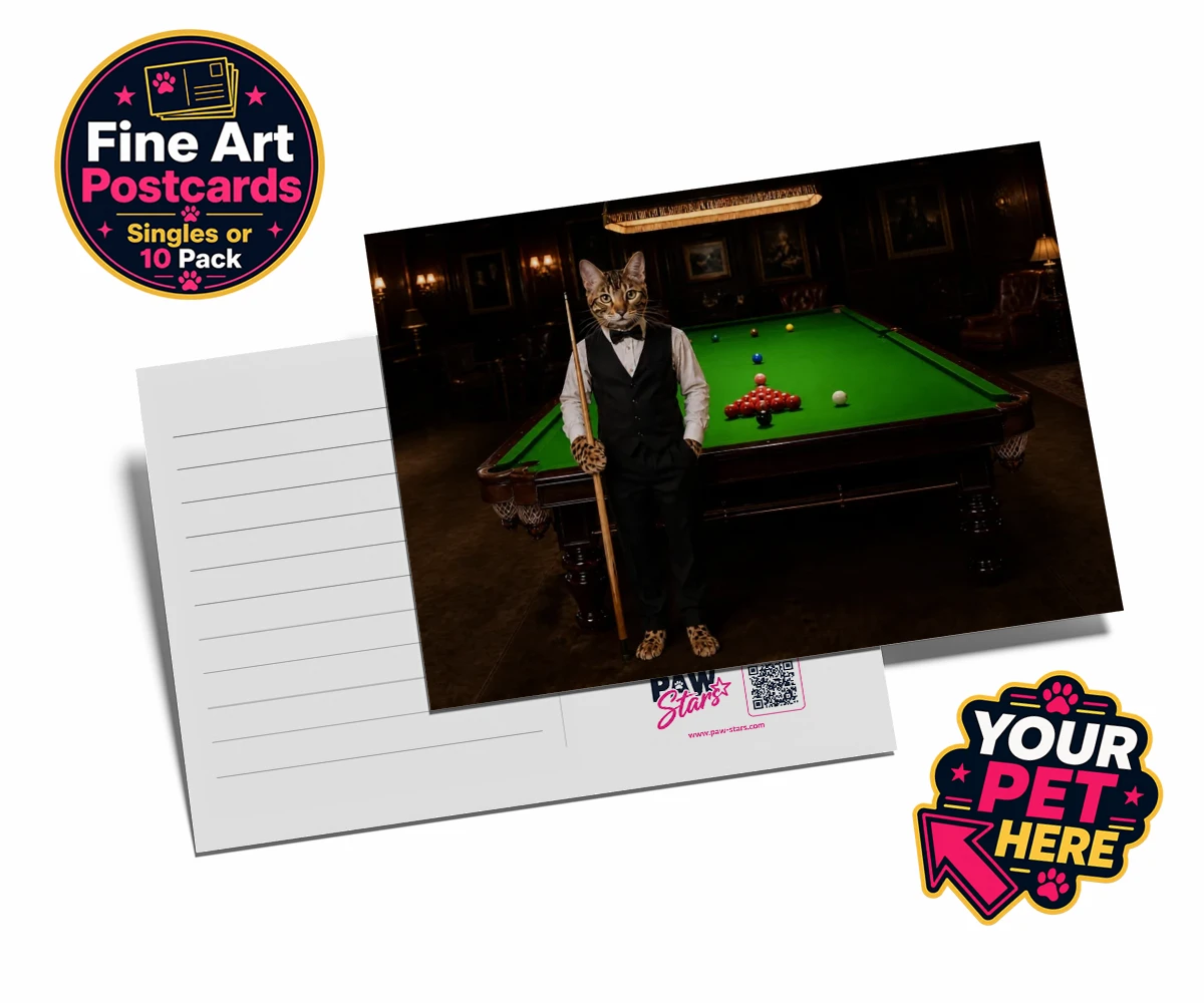 Personalised The Snooker Star cat postcards featuring a delightful cat portrait that captures the spirit of your furry frien