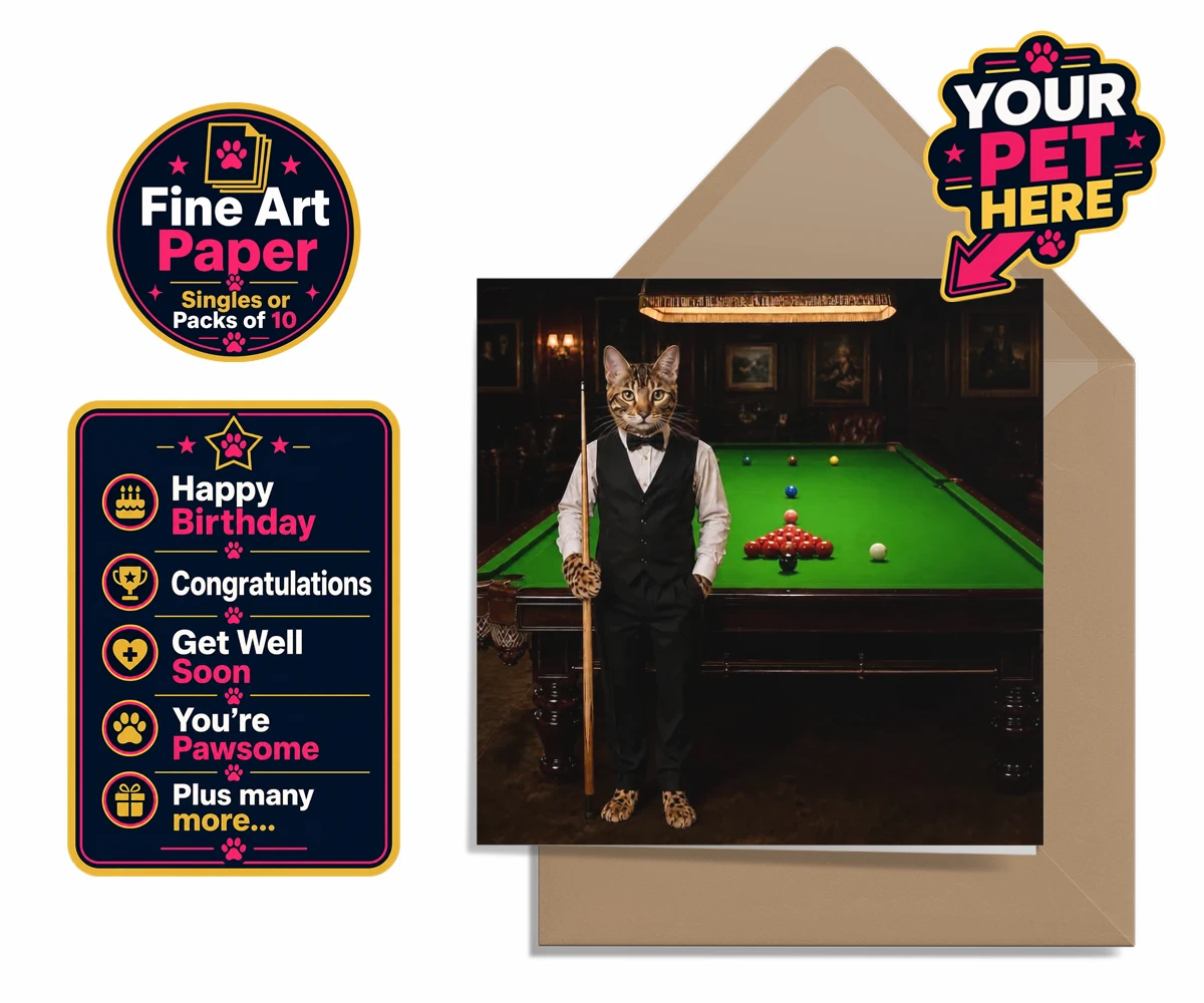 Personalised The Snooker Star cat premium greetings cards featuring a delightful cat portrait that captures the spirit of your furry frien