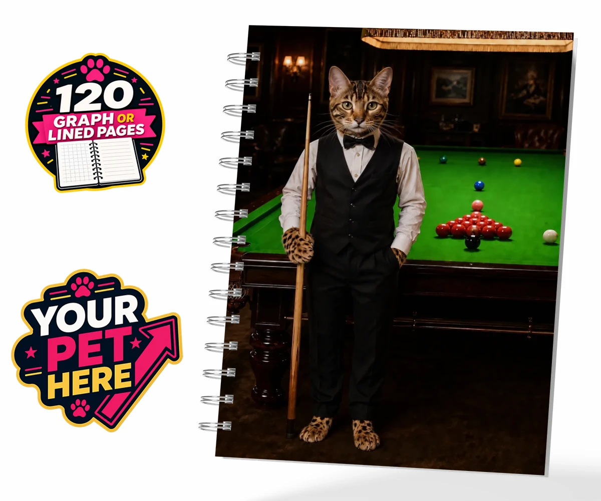 Personalised The Snooker Star cat spiral notebook featuring a delightful cat portrait that captures the spirit of your furry frien
