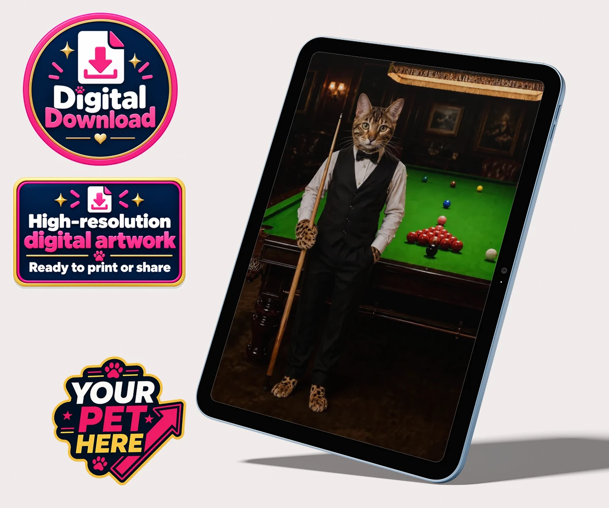 Personalised The Snooker Star cat personalised digital downloads featuring a delightful cat portrait that captures the spirit of your furry frien