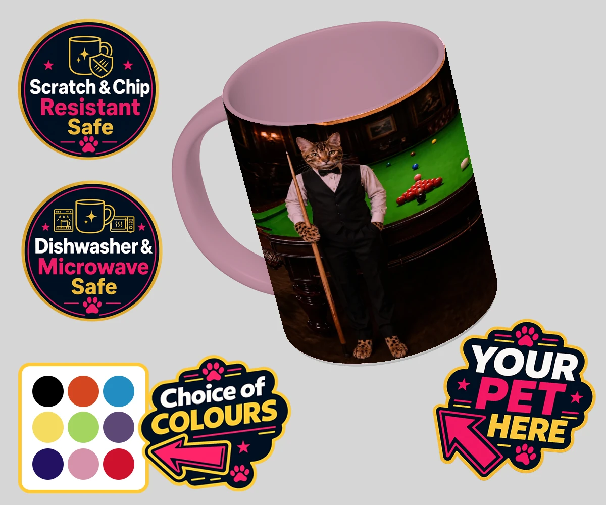 Personalised The Snooker Star cat coloured photo mugs featuring a delightful cat portrait that captures the spirit of your furry frien