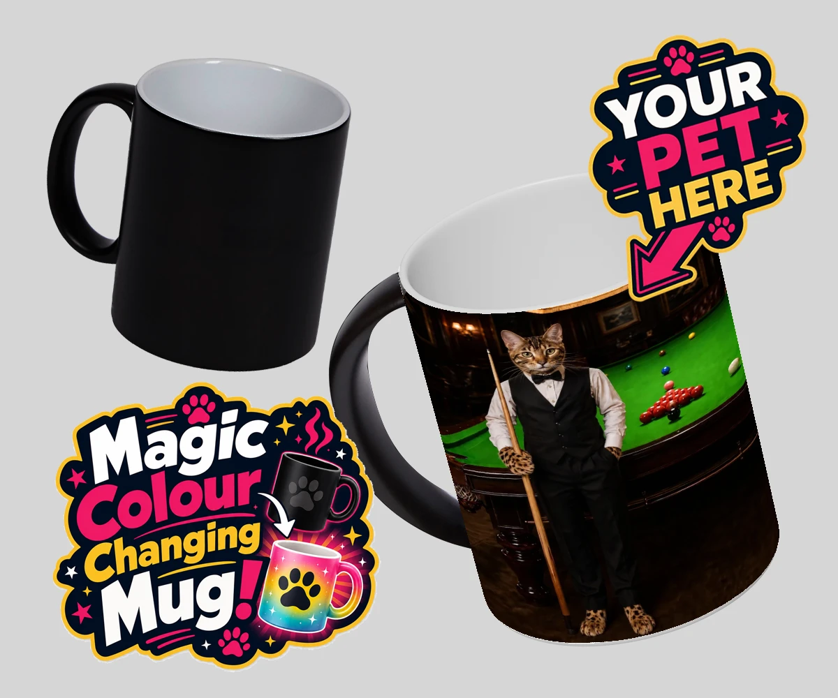 Personalised The Snooker Star cat magic photo mugs featuring a delightful cat portrait that captures the spirit of your furry frien