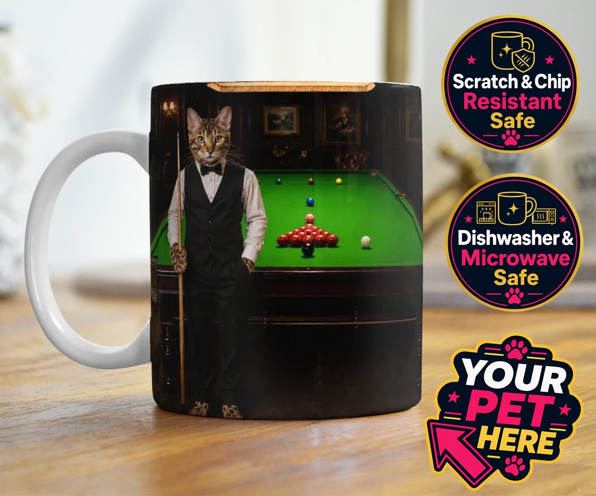 Personalised The Snooker Star cat photo mugs featuring a delightful cat portrait that captures the spirit of your furry frien