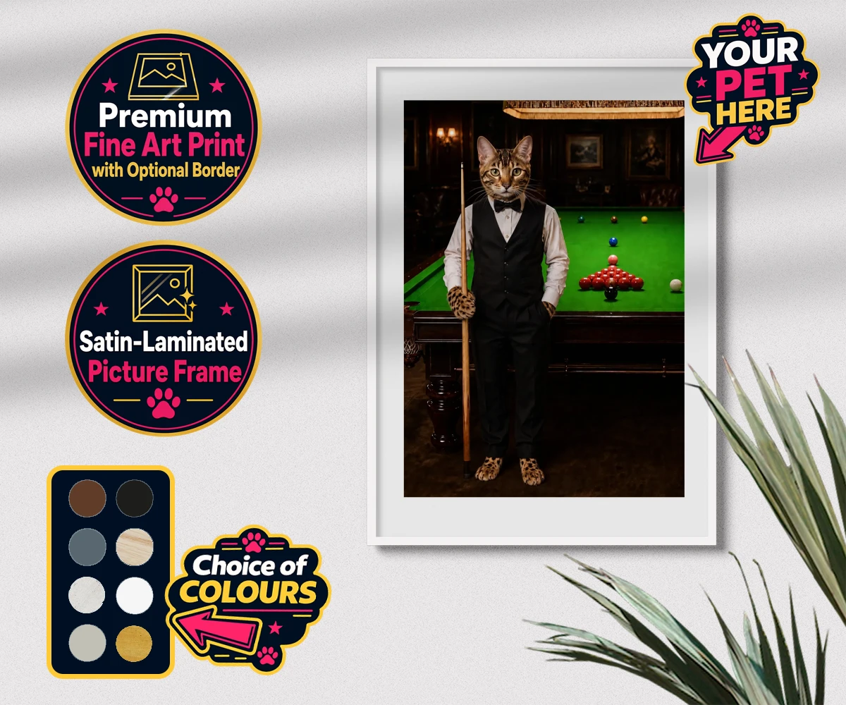Personalised The Snooker Star cat premium framed print featuring a delightful cat portrait that captures the spirit of your furry frien